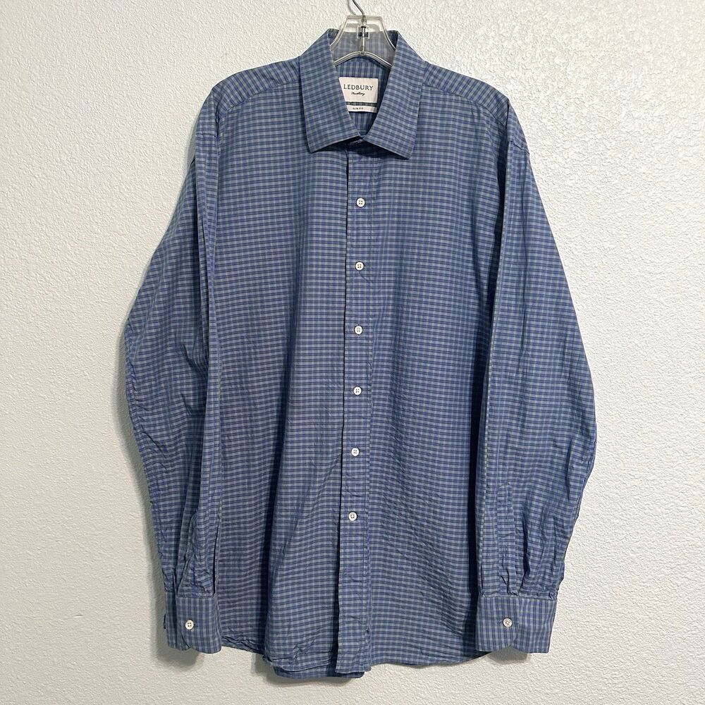 Ledbury Shirt Mens Size XL Blue Green Check 100% Cotton Casual Button Up Slim